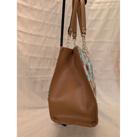 Anne Klein Floral Tote Bag Tan Faux Leather Accents & Chain Straps Lion Logo NWT - Picture 3 of 16